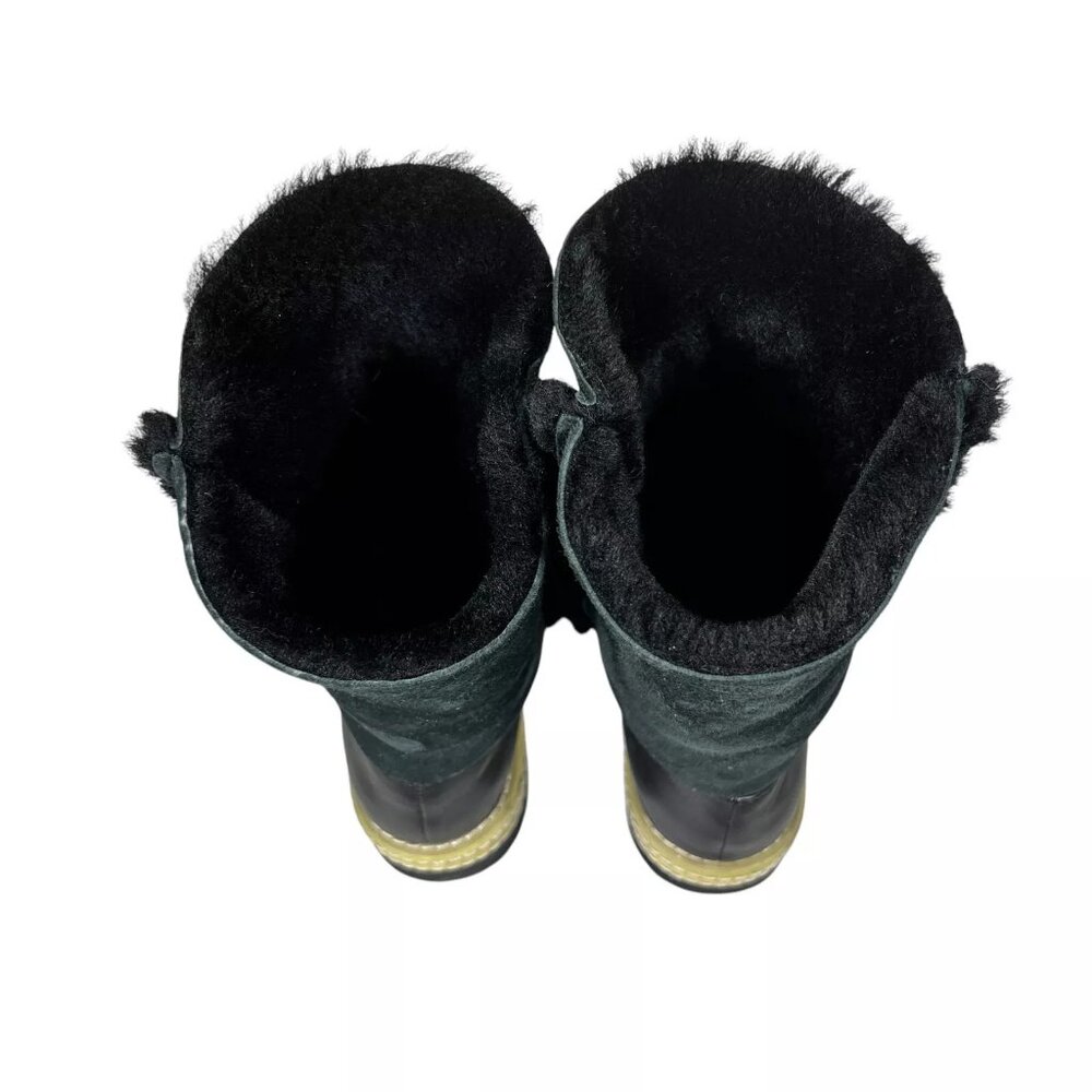 P1 Womens Black Leather Shearling Lining Lug Sole Mid Calf Boots Sz EU38 RARE - Picture 11 of 16